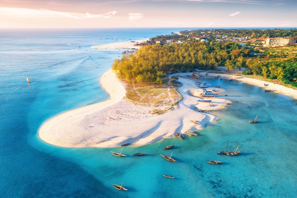桑给巴尔海滩的鸟瞰图，带有浅蓝色的缓冲区