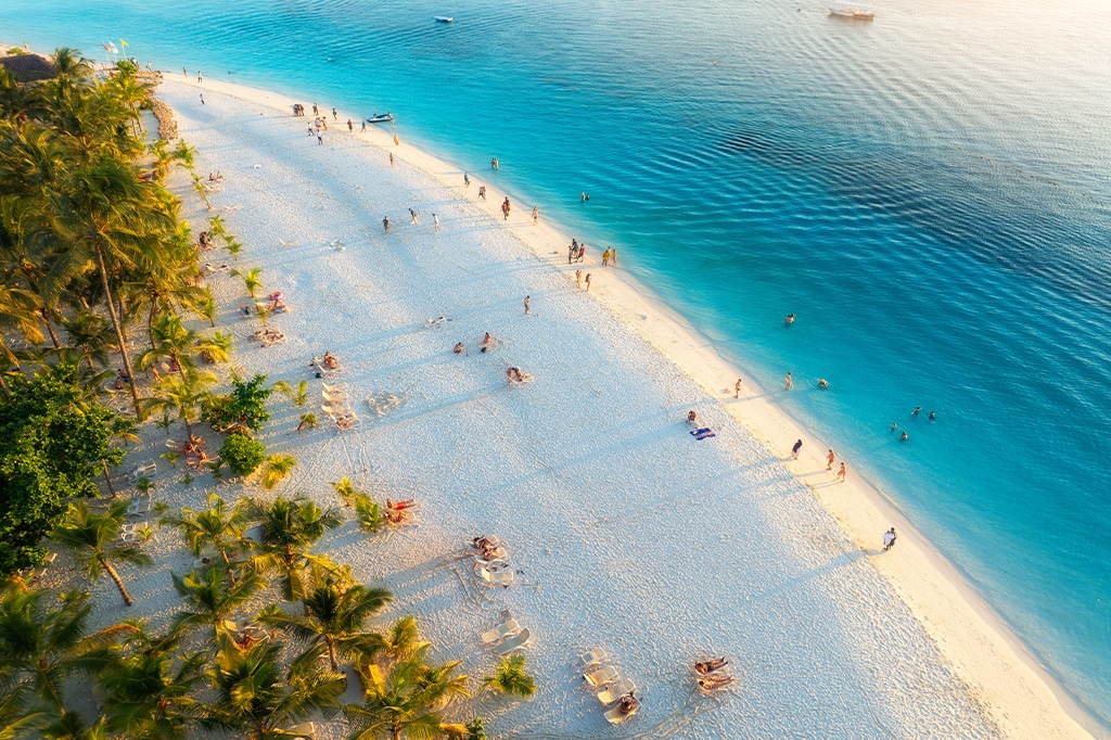 Aerial view of the crowded beach of Zanzibar, Tanzania