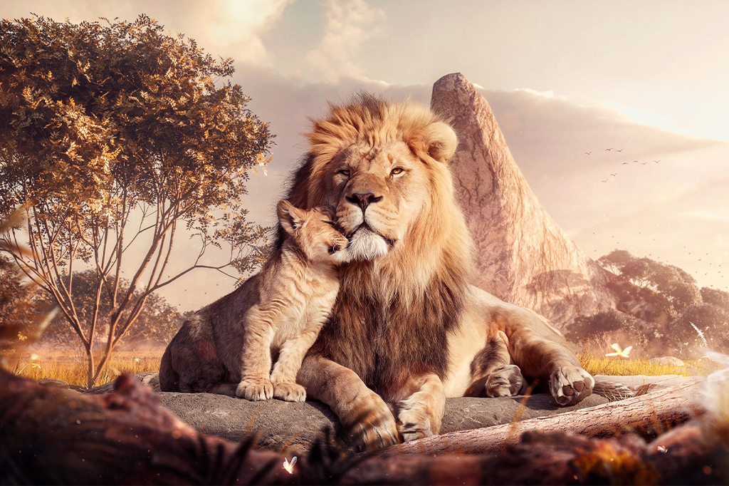 Animatie Mufasa Simba De Leeuwenkoning 1 Animatiebeeld van Simba die Mufasa knuffelt in De Leeuwenkoning