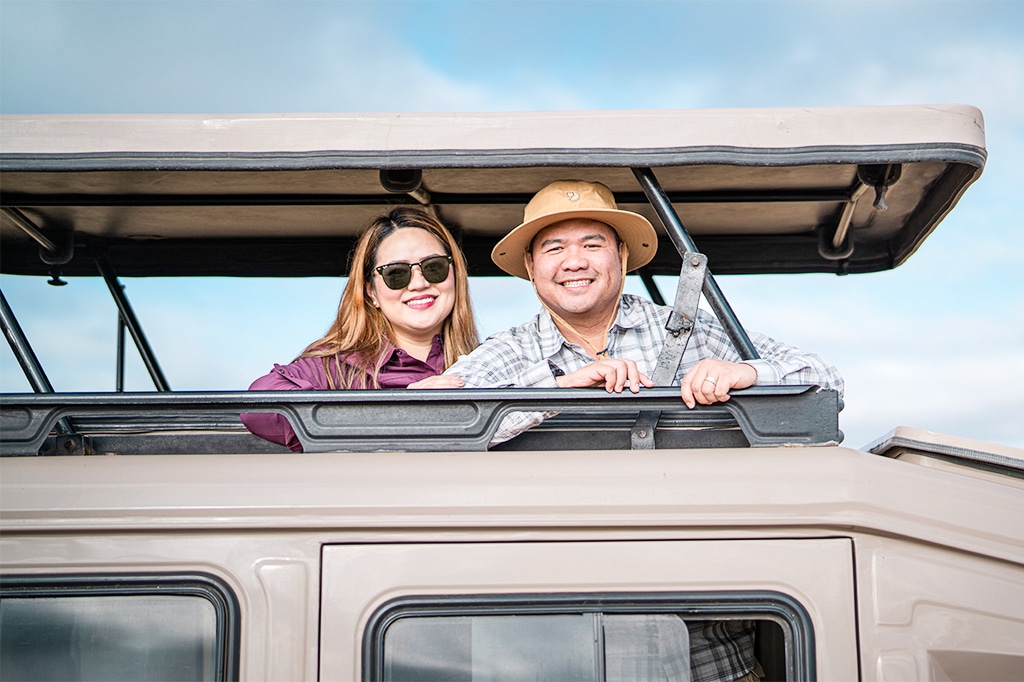 Happy Couple Tourist Safari Vehicle Easy Travel Tanzania