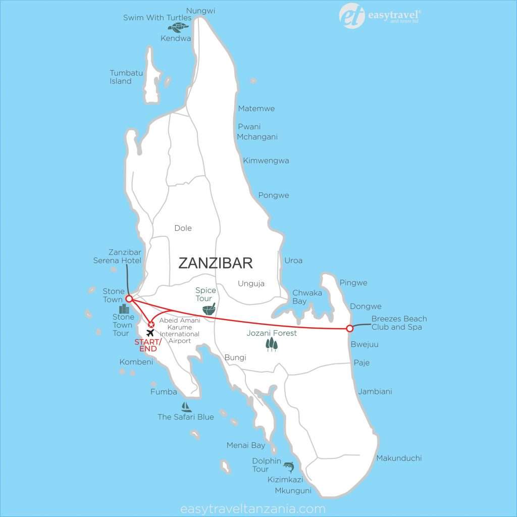 Tanzania - 12 zanzibar beach and stone town 5 days map - tanzania's zanzibar