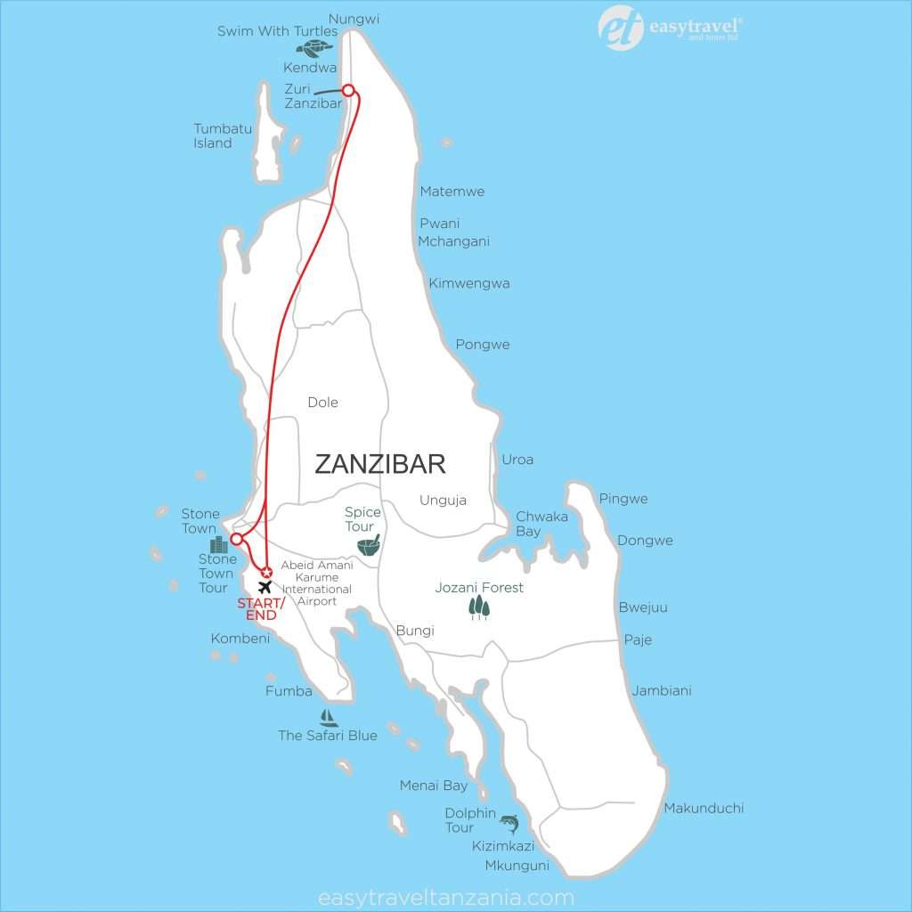 Tanzania - 15 treasures of the indian ocean 4 days map - treasures of the indian ocean