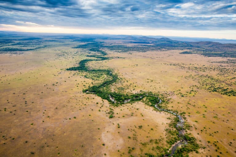 Aerial view of the Serengeti and Maasai Mara, with the Mara River in between
