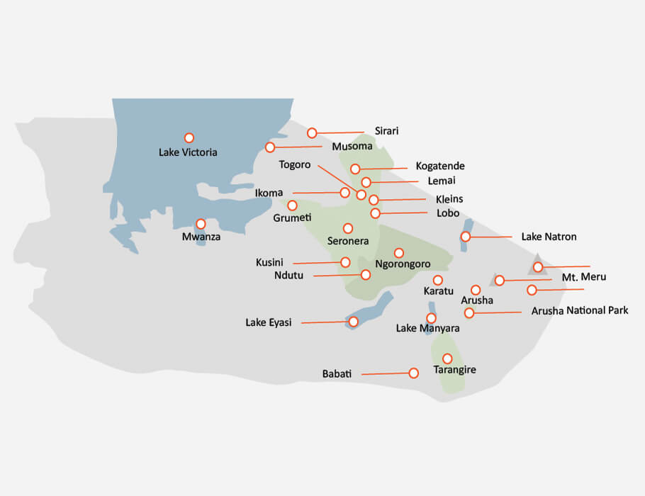 Tanzania - mappa del circuito della tanzania settentrionale - dove andare