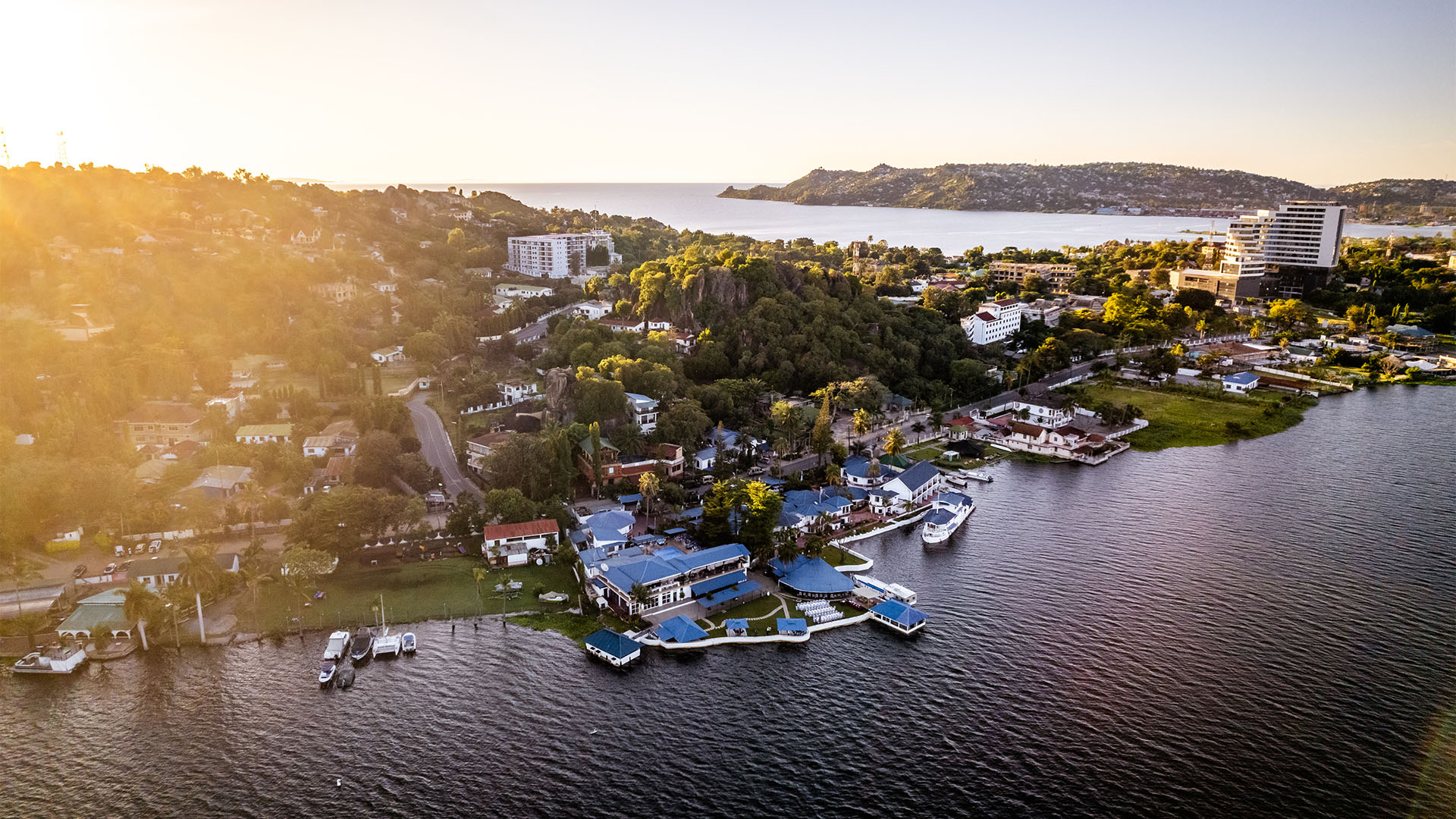 Aerial drone photo during sunset at Lake Victoria, Mwanza, City of Rocks, Tanzania