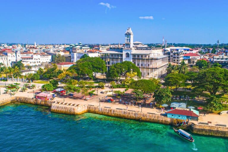 Aerial front view of the House of Wonders in Stone Town, Tanzania