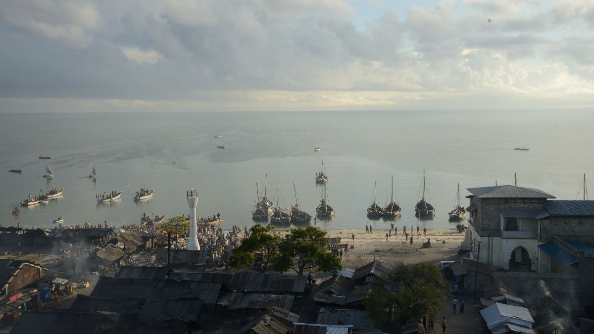 Luftaufnahme einer Küstenstadt mit Fischerbooten, die in Ufernähe vor Anker liegen. Menschen tummeln sich am Strand, im Vordergrund sind Dächer zu sehen. Das Meer ist ruhig unter einem bewölkten Himmel. – Easy Travel Tanzania