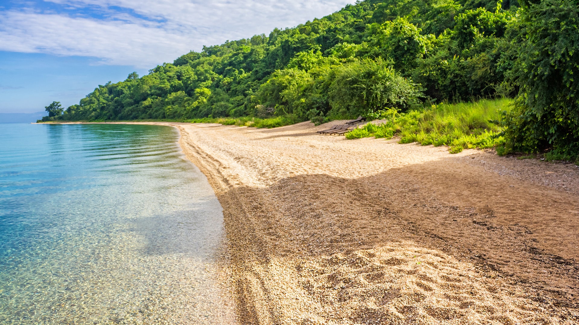 A serene beach with clear blue water and a sandy shore stretches alongside Gombes lush, green hillside. The sky is partly cloudy, casting soft shadows on the sand. - Easy Travel Tanzania