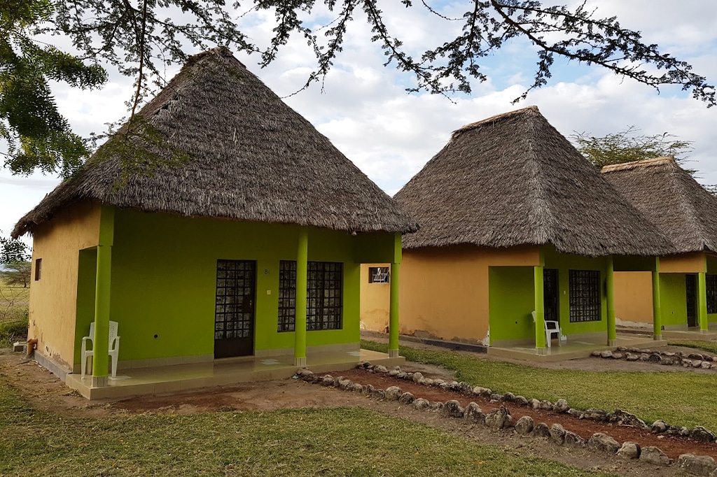 静かなムト・ワ・ムブ村には、黄色い壁と茅葺き屋根の小さな家が3軒並んで建っている。それぞれの家には透明なガラスのドアがあり、ポーチには白いプラスチックの椅子が置かれている。薄曇りの空の下、芝生には石が敷き詰められている。 - イージー・トラベル・タンザニア