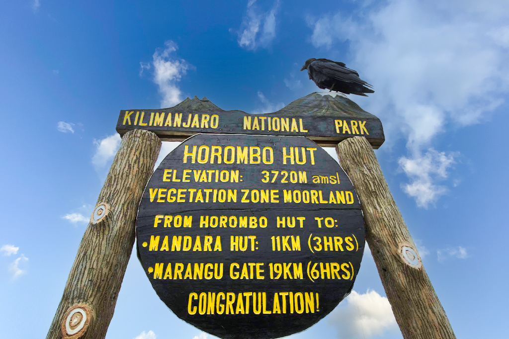 The Horombo Hut sign board on the Marangu Route in Tanzania