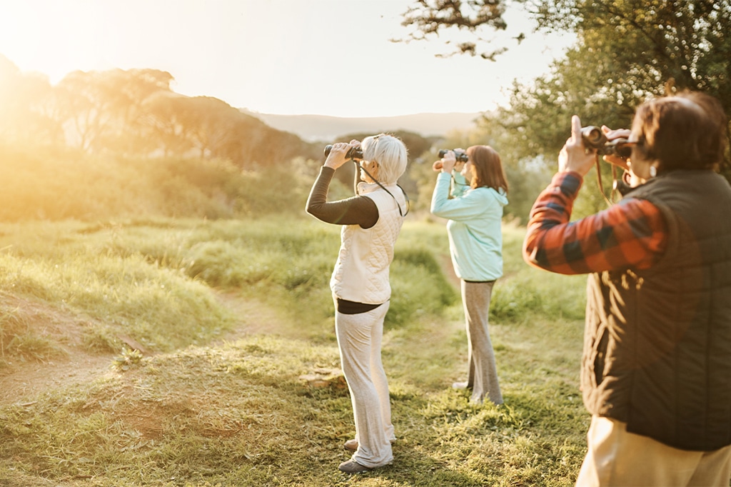 Пожилые туристы наблюдают за птицами в национальном парке Микуми, Танзания