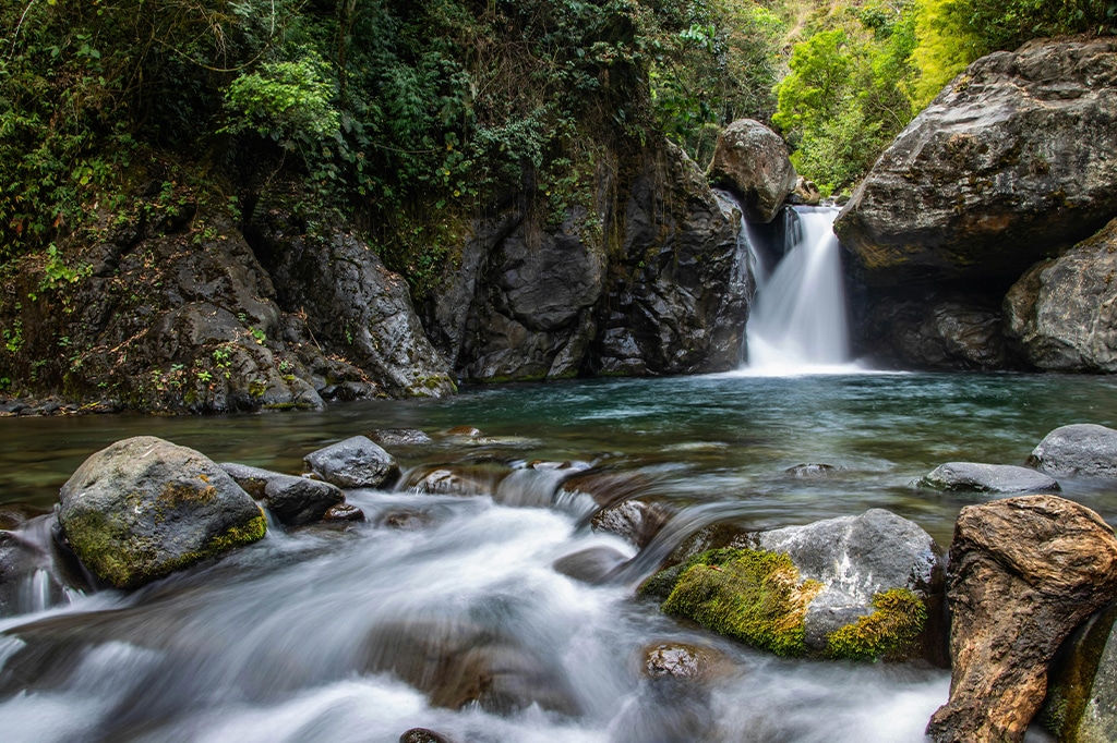 Ein kleiner Wasserfall ergießt sich in ein klares Becken, umgeben von moosbewachsenen Felsen und üppigem Grün in der ruhigen Umgebung des Westkilimanjaro. Das Wasser fließt sanft über die Felsen und schafft eine ruhige und natürliche Kulisse. – Easy Travel Tanzania