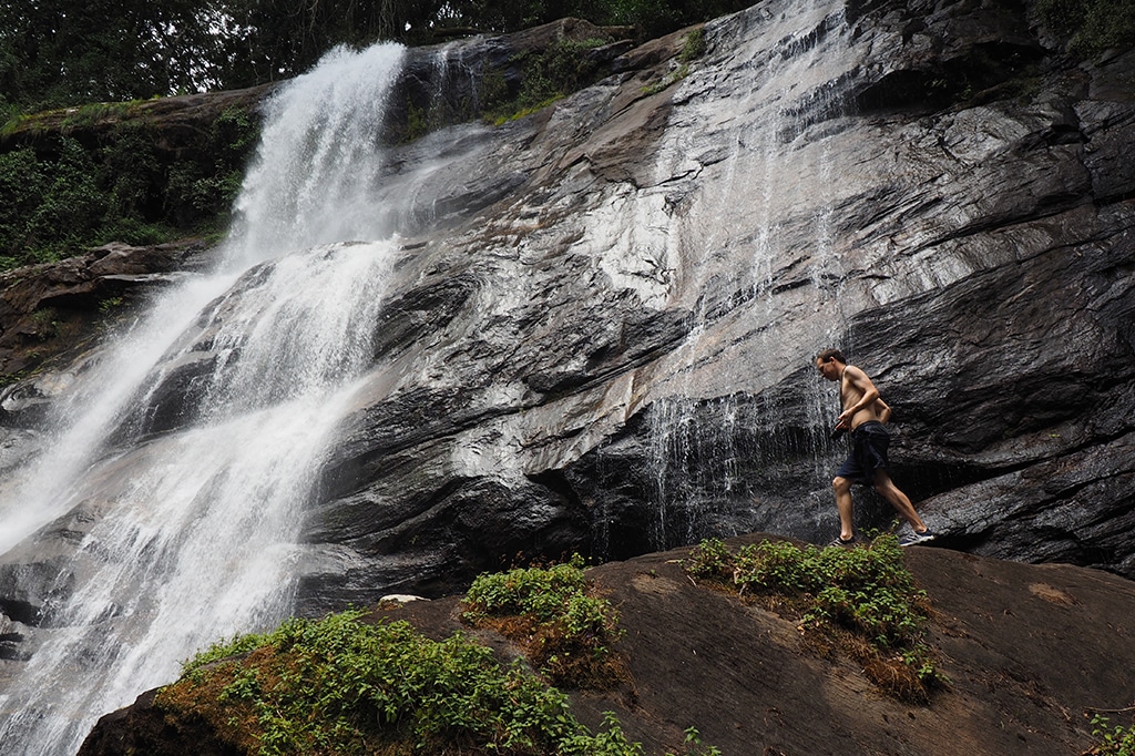 Tourist at Sanje Waterfall at Udzungwa Mountains, Tanzania