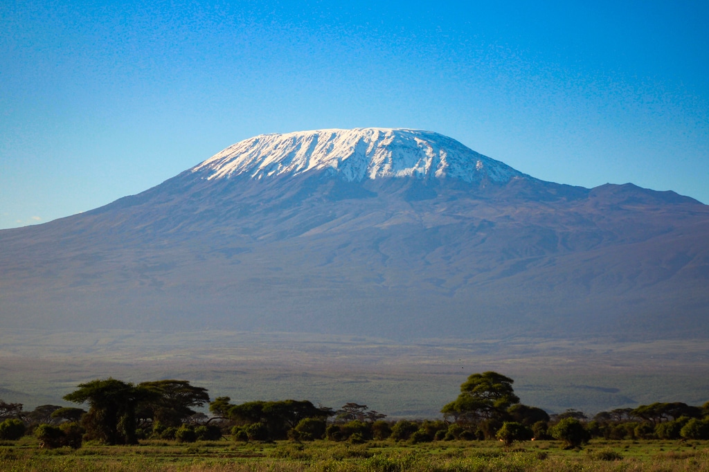 Mount kilimanjaro, with its snow-capped peak under a clear blue sky, towers majestically above the vast landscape of west kilimanjaro, where scattered trees dot the foreground. - easy travel tanzania