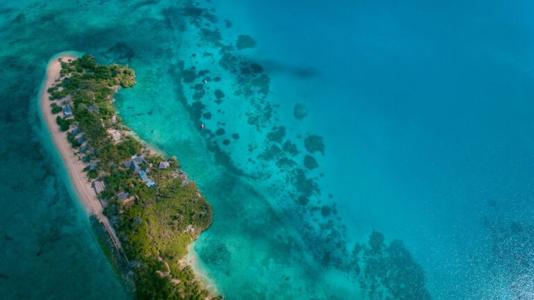 Aerial view of a small tropical island surrounded by turquoise ocean waters. The island features lush greenery and a sandy coastline, with visible coral formations in the water. - Easy Travel Tanzania