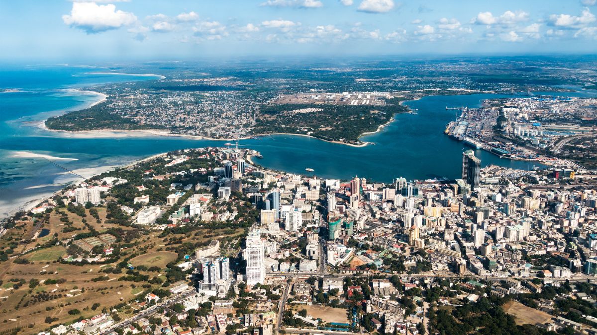 Aerial view of a coastal city with numerous skyscrapers and buildings near a blue harbor. The landscape includes a peninsula, green spaces, and surrounding water with a partly cloudy sky above. - Easy Travel Tanzania