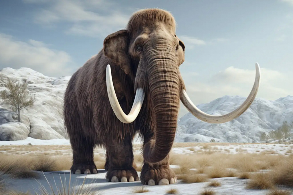 Un mamut lanudo, que recuerda a los elefantes modernos, se yergue en un paisaje nevado, rodeado de hierba rala y colinas lejanas bajo un cielo despejado. Su denso pelaje y sus grandes colmillos son prominentes, evocando una escena prehistórica. - Easy Travel Tanzania