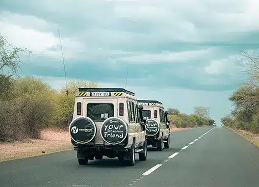 Safarifahrzeuge auf offener Straße in einer Savannenlandschaft, unter bewölktem Himmel, mit der Aufschrift "Your Tanzanian Friend" auf dem Reserverad...