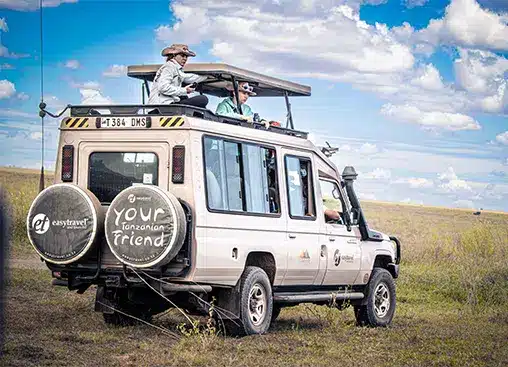 Safari-Fahrzeug in der tansanischen Savanne mit Touristen, die unter blauem Himmel Wildtiere beobachten.