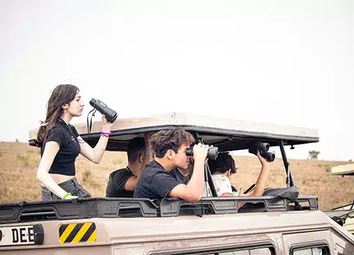 Eine Gruppe von Menschen auf Safari in einem offenen Geländewagen beobachtet mit Ferngläsern Wildtiere auf einer Grasebene.