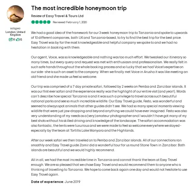 对Easy Travel & Tours Ltd.的评论描述了一次难忘的坦桑尼亚蜜月之旅,重点介绍了其优质的服务…….