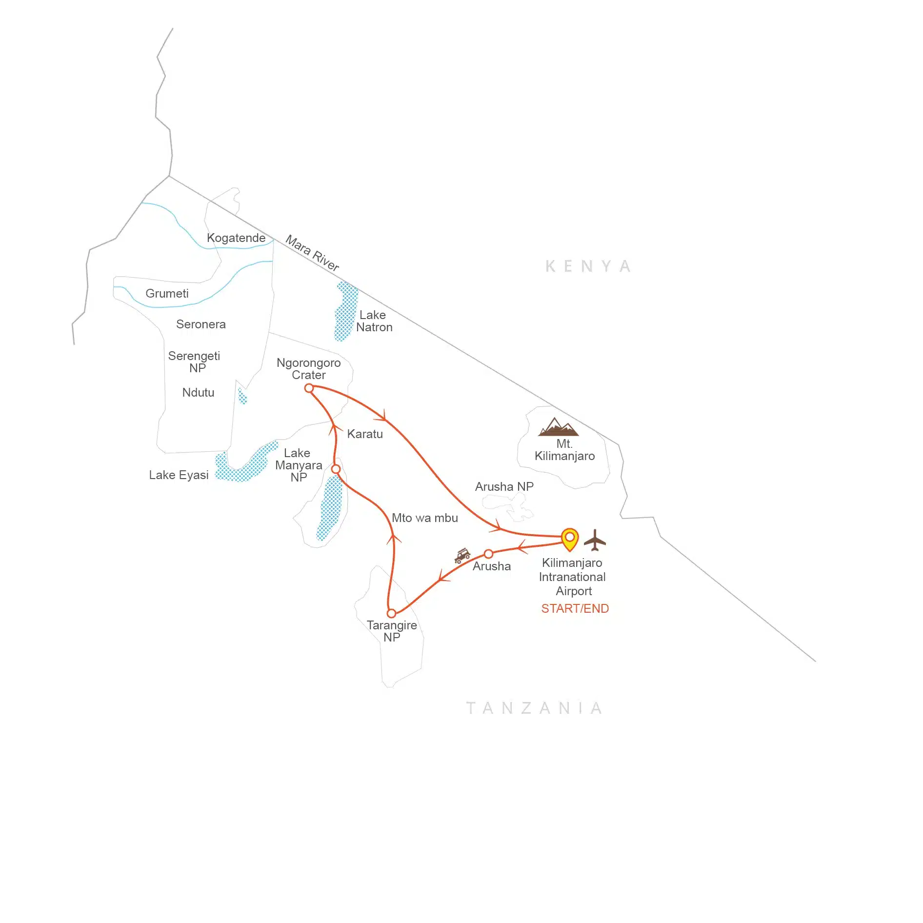 Map of a 5-day private Tanzania adventure, highlighting routes from Kilimanjaro Airport to Arusha, Tarangire, and Ngorongoro.