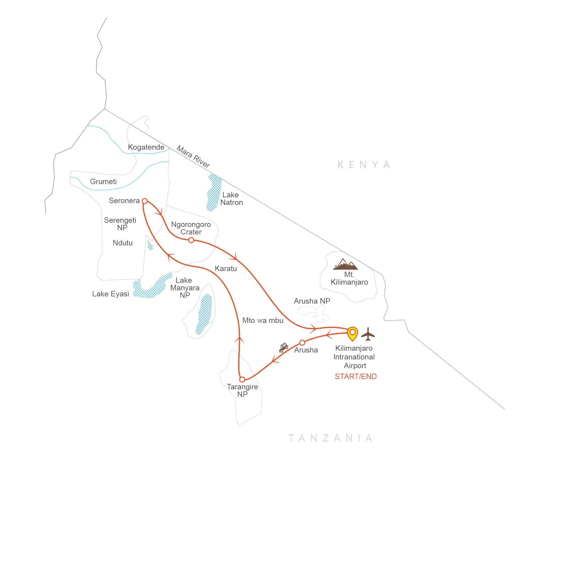 Karta över Tanzanias safarirutt, som framhäver nationalparkerna Kilimanjaro, Ngorongoro Crater, Serengeti och Tarangire.