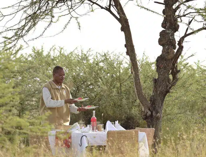 纳西基亚营地埃兰平原的户外用餐区，服务员在树下为客人提供菜肴，营造出自然舒适的用餐环境。.