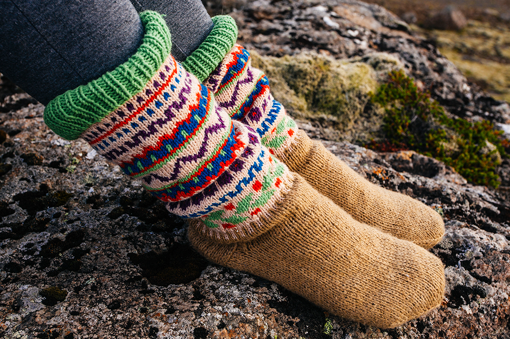 Close up of a hiker wearing woolen socks Close up of a hiker wearing woolen socks