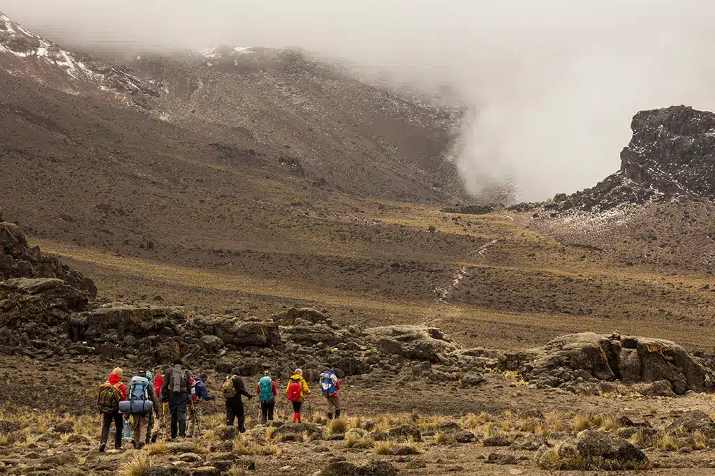タンザニアのキリマンジャロ山の登山道をトレッキングする観光客ハイカー 