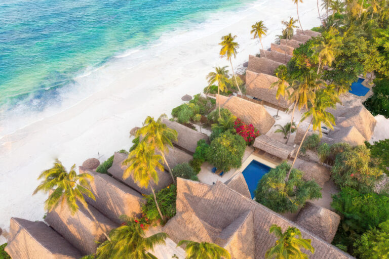 Vista aerea dell'alba sulle spiagge di Zanzibar, con palme e onde turchesi dell'oceano.