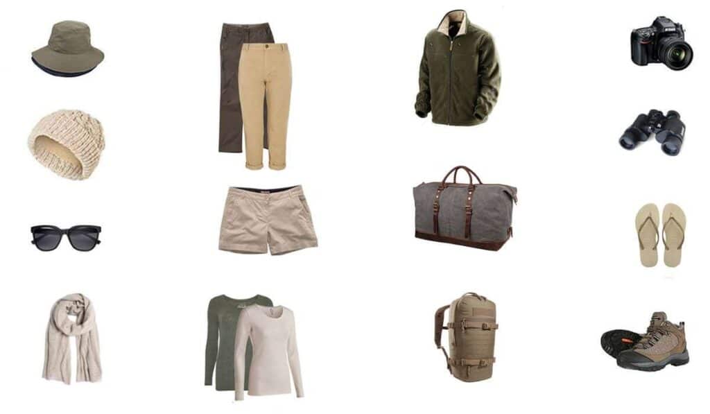 タンザニアサファリコレクションでは、つば広帽子、ニット帽、サングラス、スカーフ、プルオーバーシャツ、パンツ、ショートパンツ、ジャケット、ダッフルバッグ、バックパック、カメラ、サファリドライブで野生動物を観察するための双眼鏡、そしてさまざまな地形に適したビーチサンダルやハイキングシューズなど、アウトドアウェアやギアを取り揃えています。 - タンザニアの簡単旅行