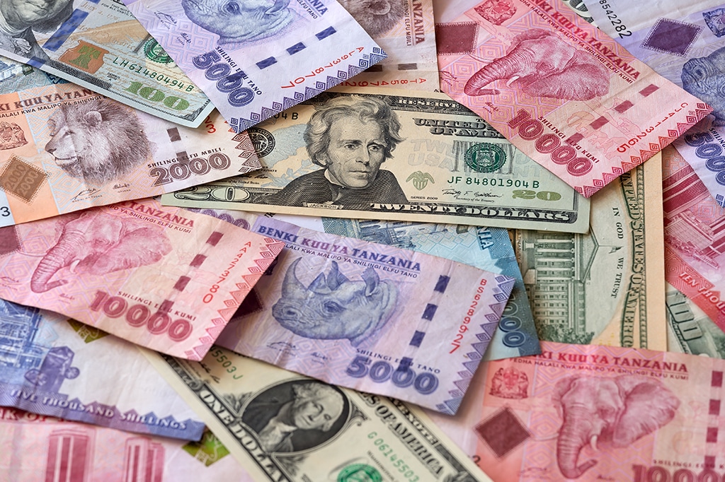 Close up shot of US dollars and Tanzanian shillings