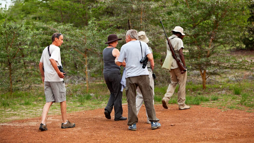 五人一组在一名手持步枪的导游的陪同下穿过自然环境。