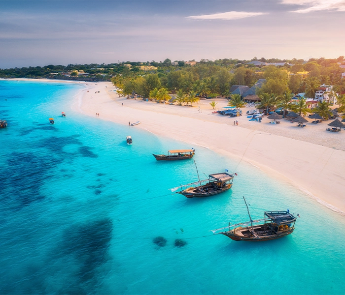 Aerial view of a white sand beach with turquoise water in Zanzibar featuring several wooden dhows anchored offshore and resort buildings along the palm fringed coast