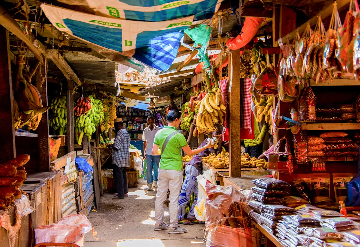 12月至2月 熙熙攘攘的市场景象,色彩鲜艳的农产品、香蕉和香料在五彩缤纷的篷布下,展现出热闹的交易景象。.