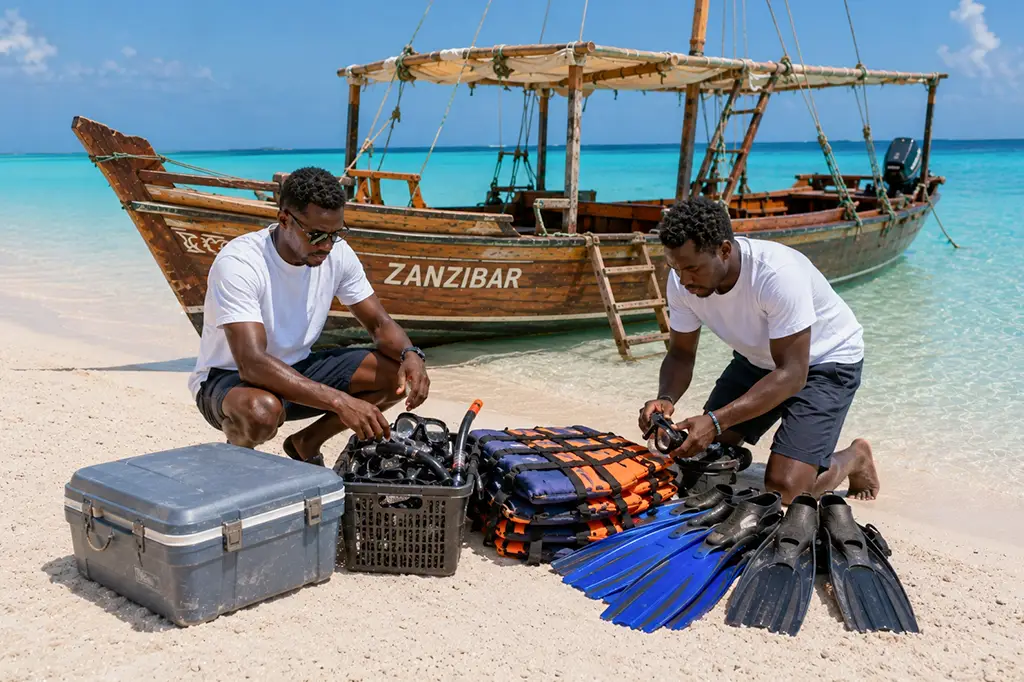 Guide Boat Crew Preparing Snorkeling Gear Guide Boat Crew Preparing Snorkeling Gear