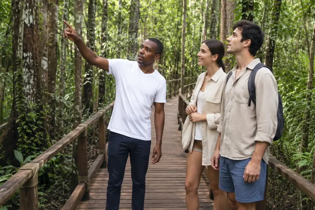 Local guide showing a colobus monkey to tourists at Jozani Forest Zanzibar Local guide showing a colobus monkey to tourists at Jozani Forest, Zanzibar
