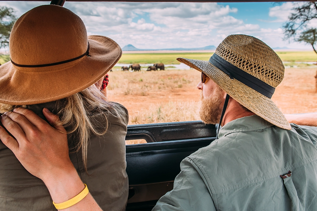 Toeristen bekijken een kudde olifanten vanuit een Easy Travel-safarivoertuig Toeristen bekijken een kudde olifanten vanuit een Easy Travel-safarivoertuig