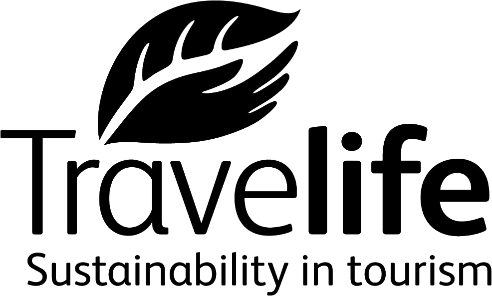 Travelife logo in black with a leaf design, promoting sustainability in tourism.